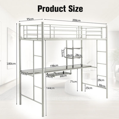 Costway 3.5FT Single Metal Loft Bed Frame High Sleeper Bunk Bed W/ Desk Storage Shelves
