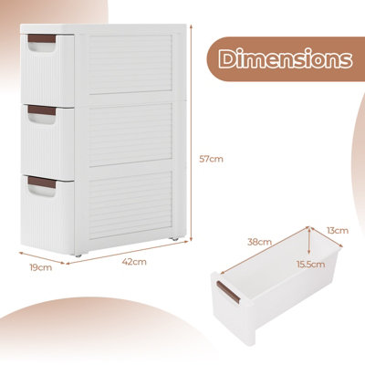 Costway 3-Drawer Narrow Storage Cabinet Bathroom Rolling Plastic Cart Container - 3