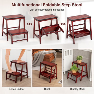 Costway 3 IN 1 2-Step Folding Step Ladder Bamboo Step Stool Portable Ladder Display Rack - 5