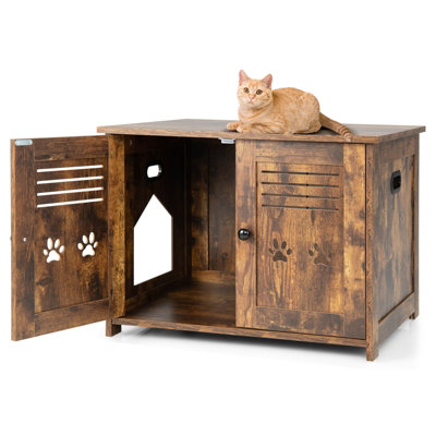 Costway 3 in 1 Cat Litter Box Enclosure Side Entrance Cat House End Table Double Doors DIY at B Q