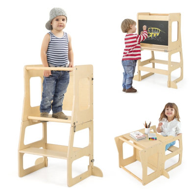 Costway 3-in-1 Foldable Kitchen Standing Tower Montessori Toddler Step Stool w/ Chalkboard