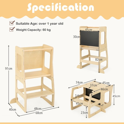 Costway 3-in-1 Foldable Kitchen Standing Tower Montessori Toddler Step Stool w/ Chalkboard