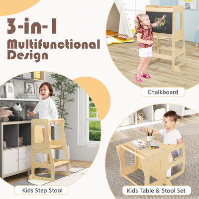 Costway 3-in-1 Foldable Kitchen Standing Tower Montessori Toddler Step Stool w/ Chalkboard