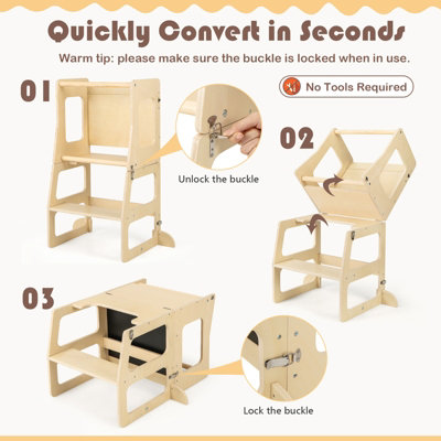 Costway 3-in-1 Foldable Kitchen Standing Tower Montessori Toddler Step Stool w/ Chalkboard - 5