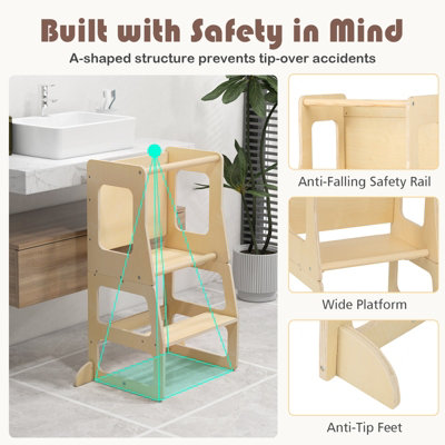 Costway 3-in-1 Foldable Kitchen Standing Tower Montessori Toddler Step Stool w/ Chalkboard - 7