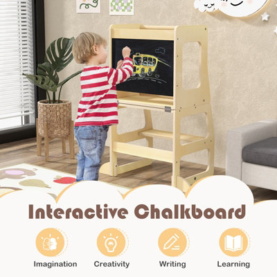 Costway 3-in-1 Foldable Kitchen Standing Tower Montessori Toddler Step Stool w/ Chalkboard - 8