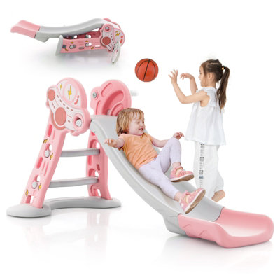 Costway 3-in-1 Folding Climber & Slide Set Basketball Hoop & Small ...