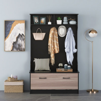 Costway 3-in-1 Freestanding Hall Coat Rack Stand Shoe Bench with 5 Hooks & Cabinet - 4
