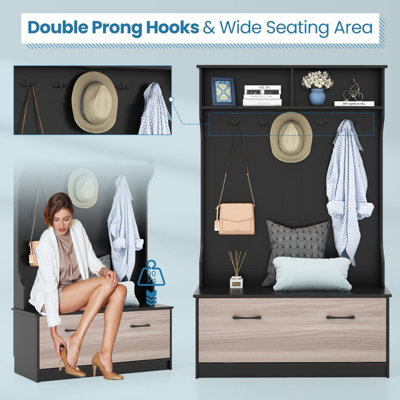Costway 3-in-1 Freestanding Hall Coat Rack Stand Shoe Bench with 5 Hooks & Cabinet - 6