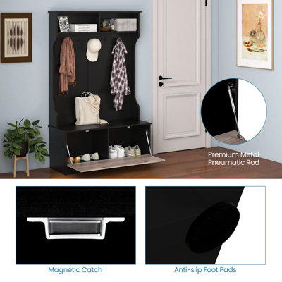 Costway 3-in-1 Freestanding Hall Coat Rack Stand Shoe Bench with 5 Hooks & Cabinet - 8