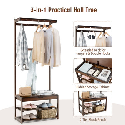 Costway 3 in 1 Hall Tree Shoe Storage Entryway Storage Organizer with 10 Hanging Hooks - 6