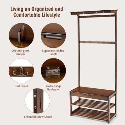 Costway 3 in 1 Hall Tree Shoe Storage Entryway Storage Organizer with 10 Hanging Hooks - 9