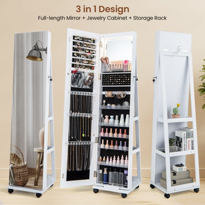 Costway 3-in-1 Jewelry Cabinet Mobile Mirror Jewelry Armoire W/ 3-Color LED Lights