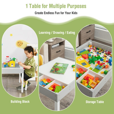 Costway 3 in 1 Kids Activity Play Table Wooden Building Block Desk w Storage