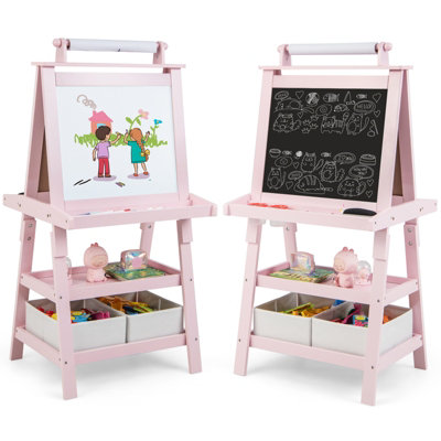 2-in-1 Kids Wooden Art Table and Art Easel Set with Chairs Storage Bins Paper Roll-Gray | Costway