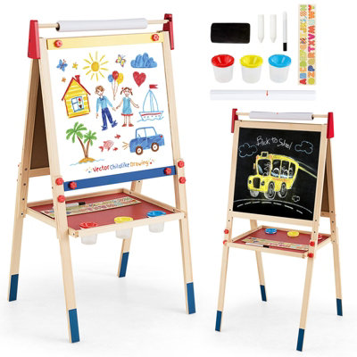 Costway 3-in-1 Wooden Art Easel for Kids Double Sided Easel with Drawing  Paper Roll
