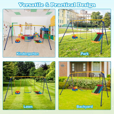Costway 3-in-1 Kids Swing Set Metal A-Frame Stand Swing Playset Platform Tree Swing Seat - 5