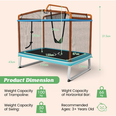 3 en 1 Trampoline Extérieur Enfants Rectangulair (190x124cm) avec  Balançoire & Barre Horizontale Filet de Sécurité Charge 110kg Orange -  Costway