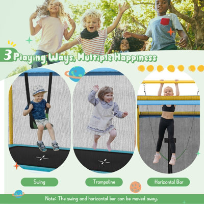 Costway 3-in-1 Kids Trampoline 6FT Rectangle Toddler Trampoline w/ Swing Horizontal Bar