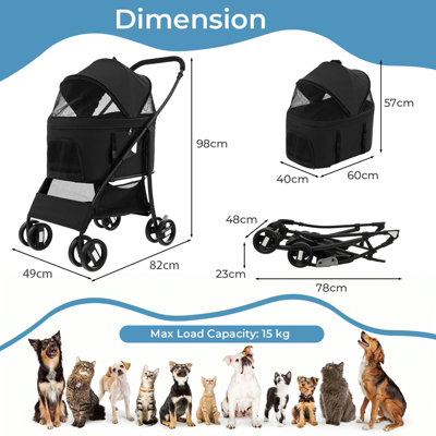 Costway 3-In-1 Pet Stroller Foldable Dog Cat Travel Strolling Cart W/ Adjustable Canopy