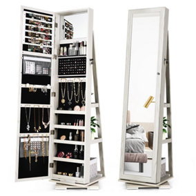Costway 3-in-1 Rotating Mirrored Jewelry Armoire Freestanding Lockable Large Capacity Jewelry Organizer w/ Makeup Mirror