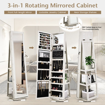 Costway 3-in-1 Rotating Mirrored Jewelry Armoire Freestanding Lockable Large Capacity Jewelry Organizer w/ Makeup Mirror