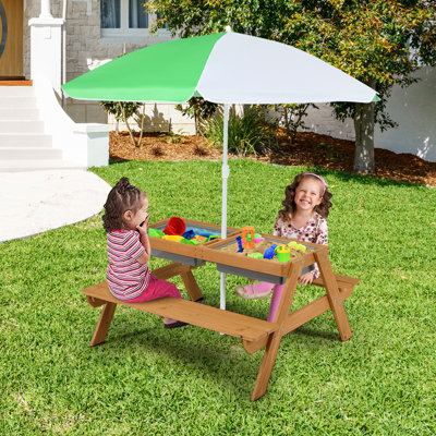 Costway 3 In 1 Toddler Picnic Table Kids Picnic Table Bench Set w Umbrella