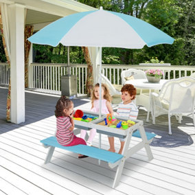 Costway 3 In 1 Toddler Picnic Table Kids Picnic Table & Bench Set w/ Umbrella