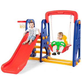 Costway 3 in 1 Toddler Slide and Swing Set Climber Slide Playset with Basketball Hoop