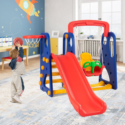 Costway 3 in 1 Toddler Slide and Swing Set Climber Slide Playset with Basketball Hoop