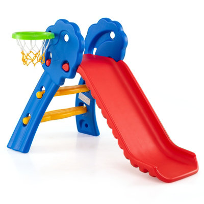 Indoor Toddler Slide With Basketball Hoop - Folding Freestanding Playset For Kids Age 1-3 (Blue)