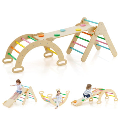 Costway 3-in-1 Triangle Climbing Set Wooden Toddler Climber with Reversible Ramp Arch