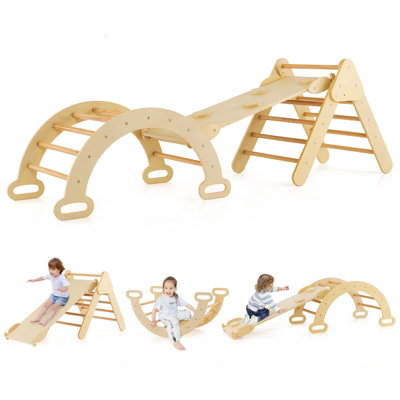 Costway 3-in-1 Triangle Climbing Set Wooden Toddler Climbing Frame with ...