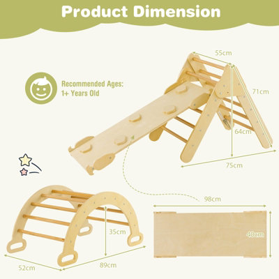 Costway 3-in-1 Triangle Climbing Set Wooden Toddler Climbing Frame with Reversible Ramp Arch