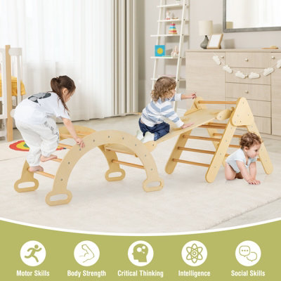Costway 3-in-1 Triangle Climbing Set Wooden Toddler Climbing Frame with Reversible Ramp Arch - 3