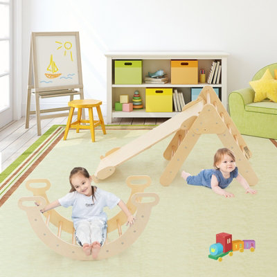 Costway 3-in-1 Triangle Climbing Set Wooden Toddler Climbing Frame with Reversible Ramp Arch - 9