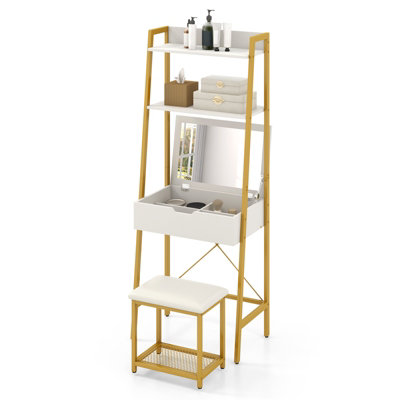 Costway 3 in 1 Vanity Dressing Table Set Book Storage Shelf Ladder Desk Cushioned Stool