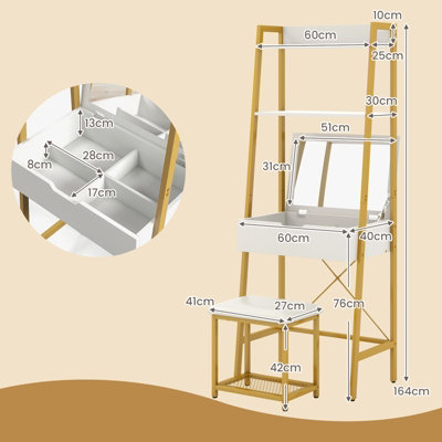Costway 3 in 1 Vanity Dressing Table Set Book Storage Shelf Ladder Desk Cushioned Stool