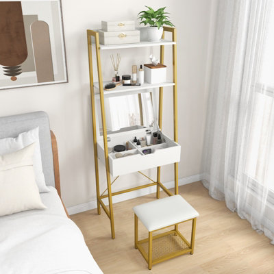 Costway 3 in 1 Vanity Dressing Table Set Book Storage Shelf Ladder Desk Cushioned Stool