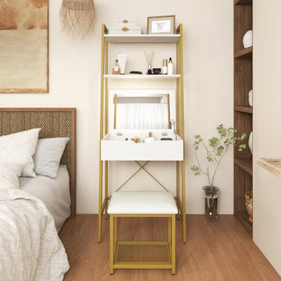 Costway 3 in 1 Vanity Dressing Table Set Book Storage Shelf Ladder Desk Cushioned Stool