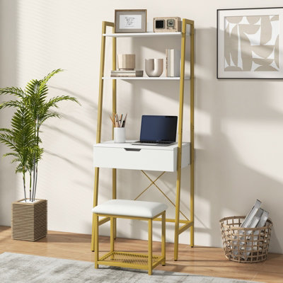 Costway 3 in 1 Vanity Dressing Table Set Book Storage Shelf Ladder Desk Cushioned Stool