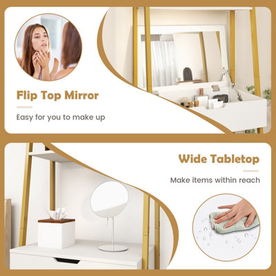 Costway 3 in 1 Vanity Dressing Table Set Book Storage Shelf Ladder Desk Cushioned Stool