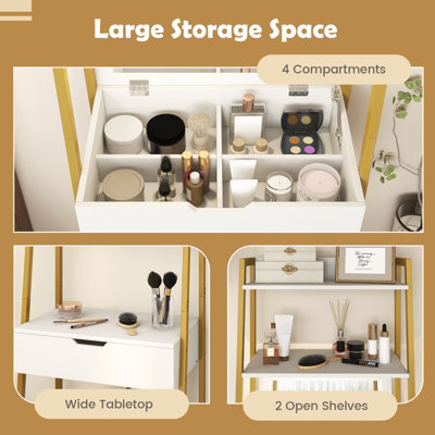 Costway 3 in 1 Vanity Dressing Table Set Book Storage Shelf Ladder Desk Cushioned Stool