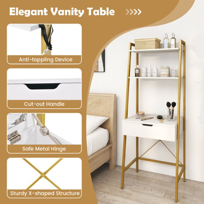 Costway 3 in 1 Vanity Dressing Table Set Book Storage Shelf Ladder Desk Cushioned Stool