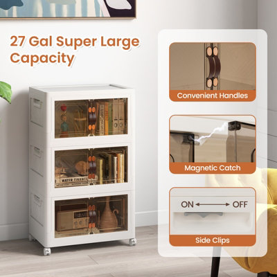 Costway 3 Pack Stackable Storage Cabinet Folding Home Organizer Lockable Wheels 27 Gal - 5