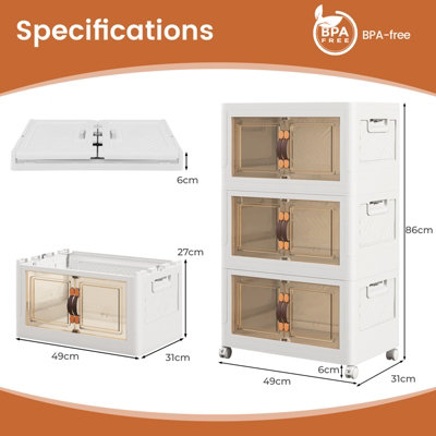 Costway 3 Pack Stackable Storage Cabinet Folding Home Organizer Lockable Wheels 34 Gal