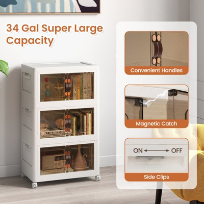 Costway 3 Pack Stackable Storage Cabinet Folding Home Organizer Lockable Wheels 34 Gal - 3