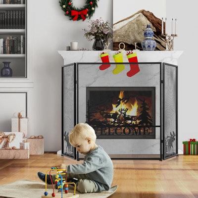 Costway 3-Panel Fireplace Folding Spark Guard Screen Decorative Mesh Fireplace Barrier - 4