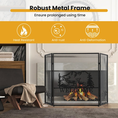 Costway 3-Panel Fireplace Folding Spark Guard Screen Decorative Mesh Fireplace Barrier - 5