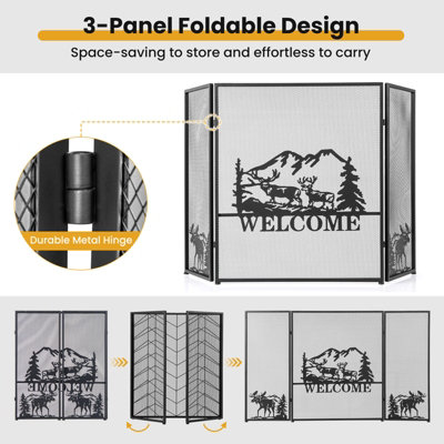 Costway 3-Panel Fireplace Folding Spark Guard Screen Decorative Mesh Fireplace Barrier - 6